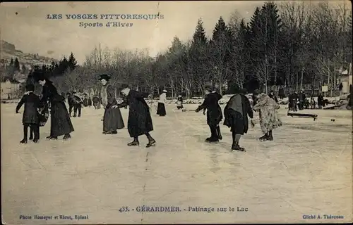 Ak Gérardmer Lothringen Vosges, Patinage sur le Lac, Eisläufer auf dem See