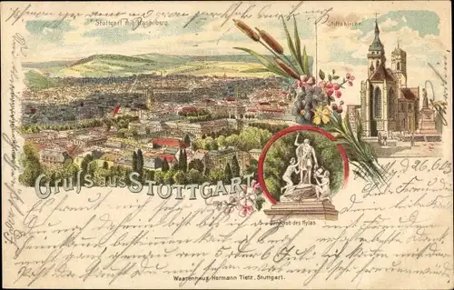Litho Stuttgart in Württemberg, Panoramablick auf die Stadt mit Hasenberg, Der Raub des Hylas