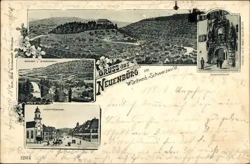Litho Neuenbürg im Schwarzwald Württemberg, Panorama, Hauptstraße, Schlosstor