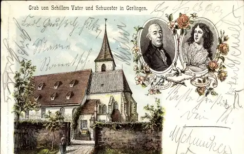 Litho Gerlingen in Württemberg, Kirche, Grab von Schillers Vater und Schwester, Portraits