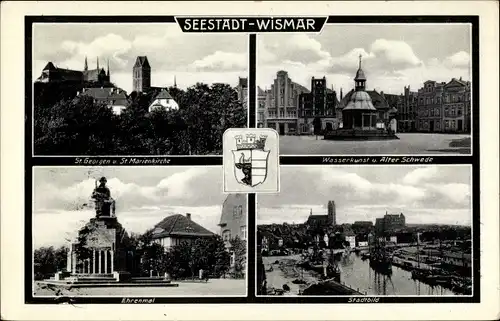 Ak Hansestadt Wismar, St. Georgen und St. Marienkirche, Wasserkunst, Ehrenmal, Wappen