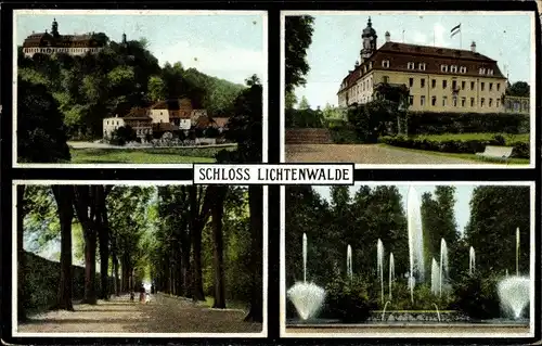 Ak Lichtenwalde Niederwiesa im Kreis Mittelsachsen, Teilansichten, Schloss, Park, Springbrunnen