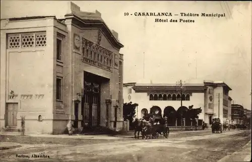 Ak Casablanca Marokko, Theatre Municipal, Hotel des Postes, Kutsche, Postamt