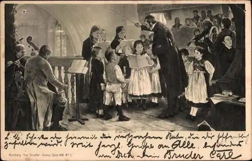 Künstler Ak In der Dorfkirche, Pfarrer, singende Kinder