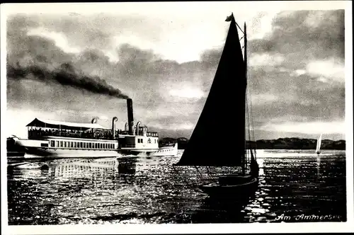 Ak Salondampfer und Segelboot auf dem Ammersee