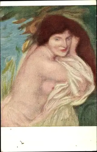 Künstler Ak Amen Jean, Sehnsucht, nackte rothaarige Frau, Busen, Frauenakt