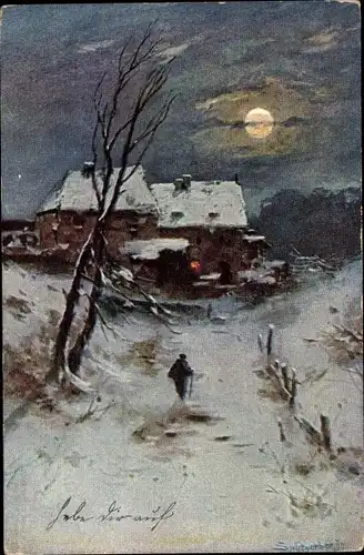 Künstler Ak Splitgerber, Winterlandschaft im Mondschein