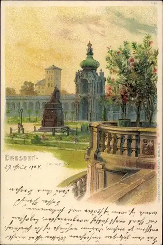Litho Dresden Altstadt, Zwingerhof, Denkmal, Garten