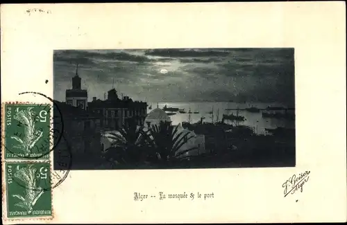 Ak Algier Alger Algerien, La mosquee et le port, Mondschein