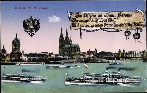 Ak Köln am Rhein, Panorama, Brücke, Wappen, Dampfer, Dom