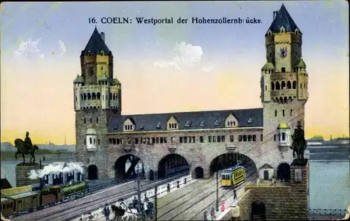 Ak Köln am Rhein, Westportal der Hohenzollernbrücke, Straßenbahn, Kutsche, Eisenbahn