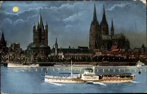 Mondschein Ak Köln am Rhein, Panorama, Dom, Dampfer Fürst Bismarck