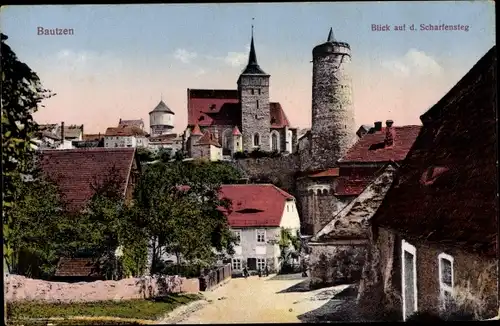 Ak Bautzen Sachsen, Blick auf den Scharfensteg, Turm