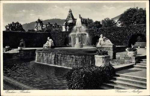 Ak Baden Baden am Schwarzwald, Gönner-Anlage, Springbrunnen, Denkmäler