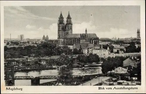 Ak Magdeburg an der Elbe, Blick vom Ausstellungsturm, Brücke, Panorama