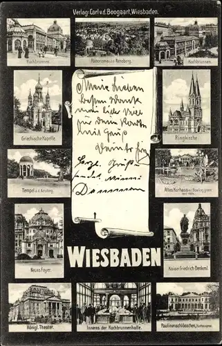 Ak Wiesbaden in Hessen, Ringkirche, Kaiser Friedrich Denkmal, Kochbrunnenhalle, Neroberg, Kurhaus