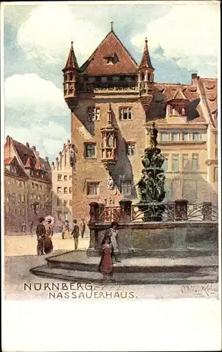 Künstler Ak Nürnberg, Nassauer Haus mit Springbrunnen
