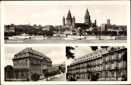 Ak Mainz am Rhein, Blick vom Rhein auf Stadt, Schiffe, Landtagsgebäude, ehem. kurfürstliches Schloss