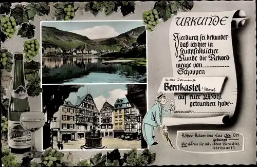 Ak Bernkastel Kues an der Mosel, Teilansicht, Häuserpartie, Urkunde, Wein