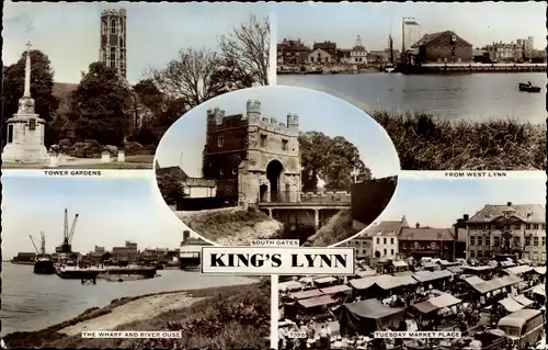 Ak King’s Lynn Norfolk England, Tower Gardens, South Gates, Market Place