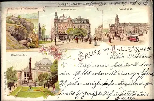 Litho Halle an der Saale, Riebeckplatz, Hauptpost, Stadttheater