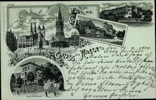 Mondschein Litho Halle an der Saale, Marktplatz, Marienkirche, Moritzburg, Roter Turm