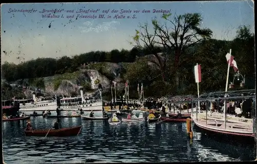 Ak Halle an der Saale, Salondampfer Brunhilde und Siegfried, Denkmal Wilhelms I. und Friedrichs III.