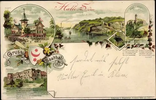 Litho Halle an der Saale, Panorama, Partien im Ort, Wappen, Burg