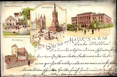 Litho Halle an der Saale, Restaurant Peissnitz, Marktplatz, Gymnasium, Moritzburg