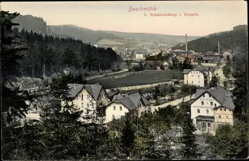 Ak Buschmühle Schmiedeberg Dippoldiswalde im Osterzgebirge, Gesamtansicht, Gasthaus