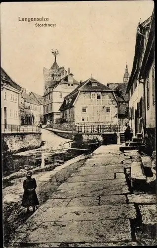 Ak Bad Langensalza in Thüringen, Teilansicht, Storchennest