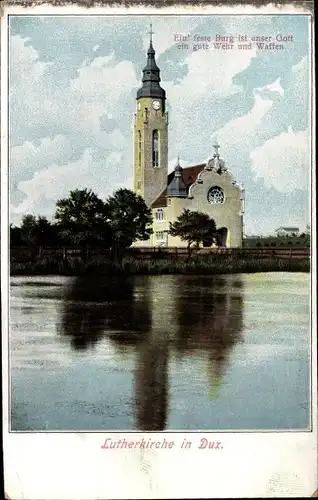 Ak Duchcov Dux Region Aussig, Blick zur Lutherkirche, Wasserseite