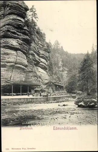 Ak Edmundsklamm Region Aussig, Blockhaus am Fluss, Felsen