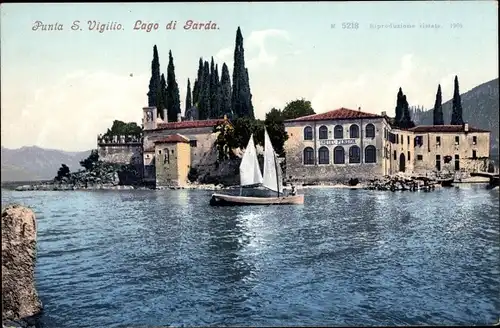 Ak San Vigilio Lago di Garda Veneto, Segelboot, Teilansicht