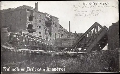 Ak Frelinghien Nord, Brücke und Brauerei, Kriegszerstörung 1. WK