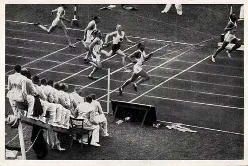 Sammelbild Olympia 1936, 100m Endlauf, Jesse Owens, Metcalfe, Osendarp