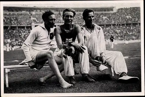 Sammelbild Olympia 1936, Hindernisläufer Dompert, Iso Hollo, Tuominen