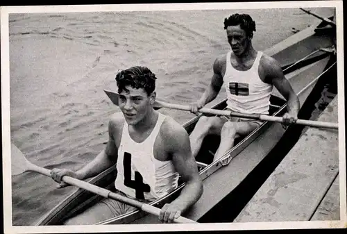 Sammelbild Olympia 1936, Ruderer im Faltboot Zweier, Sven Johansson, Eric Bladström