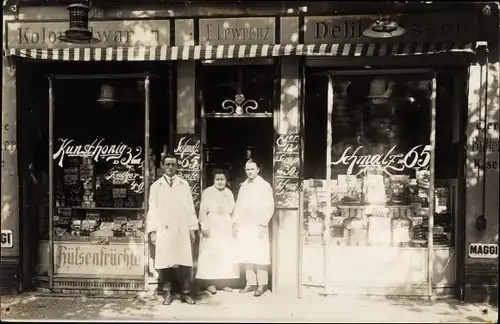 Foto Ak Berlin Prenzlauer Berg, Kolonialwarengeschäft L. Lewrenz, Saarbrücker Str. 10, Reklame Maggi