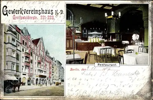 Ak Berlin Prenzlauer Berg, Gewerkvereinshaus H.-D., Greifswalder Straße 221-223, Restaurant