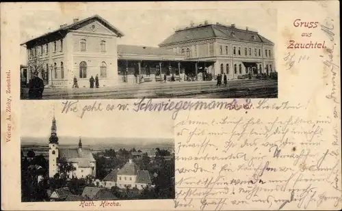 Ak Suchdol nad Odrou Zauchtel Mährisch Schlesien, Bahnhof, Kath. Kirche