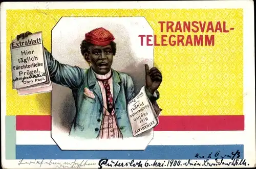 Ak Transvaal Südafrika, Telegramm, Zeitungsverkäufer mit Extrablatt, Ohm Paul, Flagge d. Niederlande