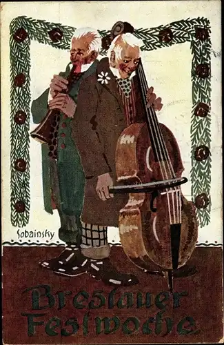 Künstler Ak Sobainsky, Wrocław Breslau Schlesien, Breslauer Festwoche 1909, Cello und Flöten Spieler