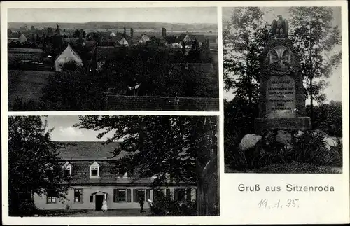 Ak Sitzenroda Belgern Schildau in Nordsachsen, Panorama vom Ort, Kriegerdenkmal, Gasthaus
