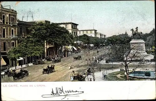 Ak Kairo Ägypten, Place de l'Opera, Blick auf den Opernplatz, Reiterstandbild