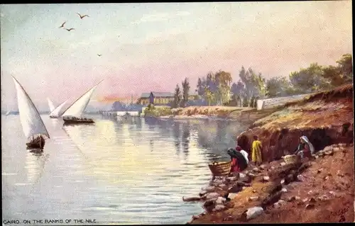 Ak Ägypten, On the Banks of the Nile, Segelboote