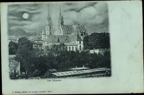 Mondschein Ak Basel Bâle Stadt Schweiz, Das Münster