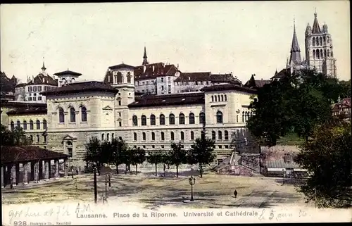 Ak Lausanne Kanton Waadt, Place de la Riponne, Universite et Cathedrale