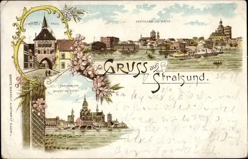 Litho Stralsund in Vorpommern, Panorama vom Hafen, Tor, Stadtansichten