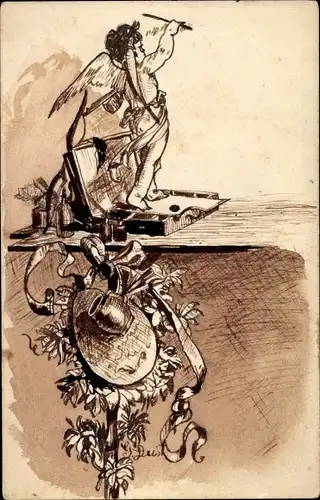 Ak Engel schreibt mit Pinsel an eine Wand